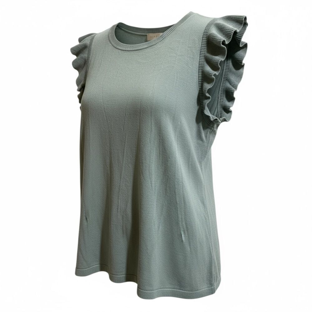 LOFT ruffle lightweight knit crew neck blouse short sleeve top sweater Large